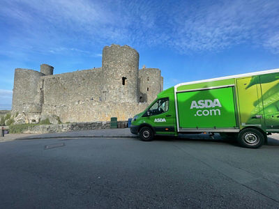 An Asda van outside Harlech Castle